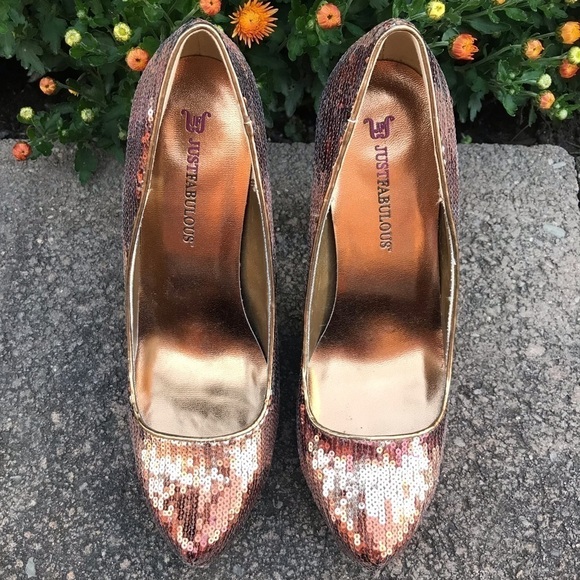 JUST FABULOUS 7.5 Copper Sequins Platform Pumps Size 7.5 - Picture 3 of 16